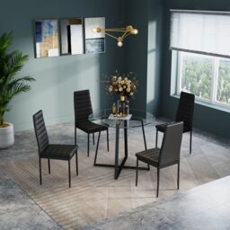 Living and Home 5pcs Dining Table Set of 4 Modern Faux Leather Dining Chairs and Tempered Glass Table in Black - thumbnail 2