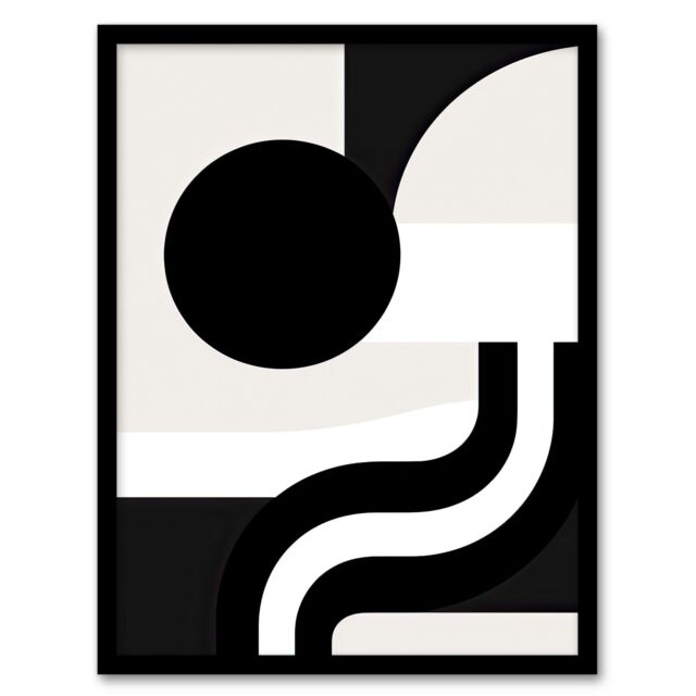 Artery8 Wall Art Print Abstract Geometric Black White Minimalist Curves Shapes Framed Art - Size: A4 - image 1