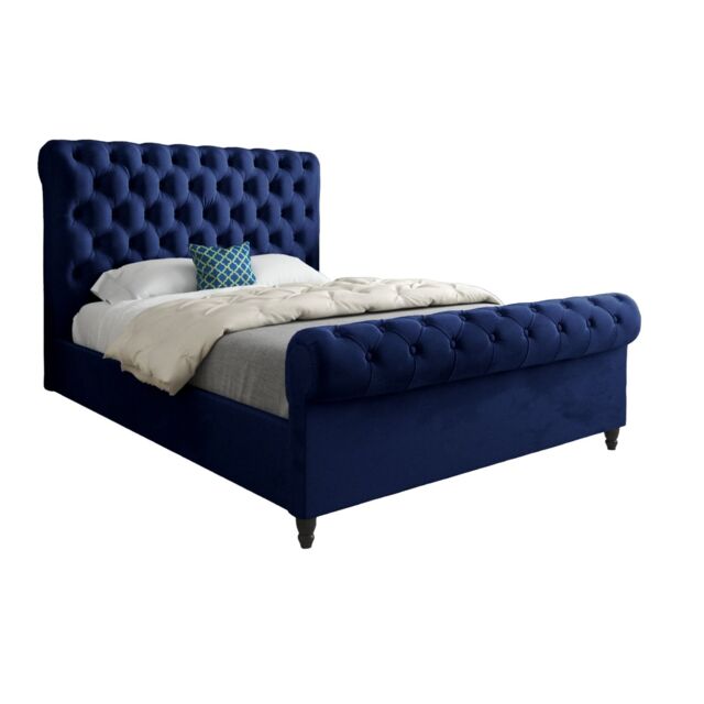 KDMD Venezia Sleigh Upholstered Soft Velvet Designer Bed Frame in Blue - Size: Single - image 1