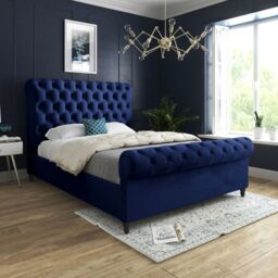 KDMD Venezia Sleigh Upholstered Soft Velvet Designer Bed Frame in Blue - Size: Single - thumbnail 2