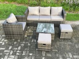 Fimous 5 PCS Outdoor Lounge Sofa Set Wicker PE Rattan Garden Furniture Set with Armchair Squar Coffee Table in Dark Grey - thumbnail 1