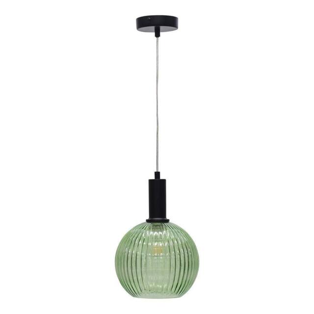 First Choice Lighting Betchley - Green Ribbed Glass Globe Black Deco Pendant Fitting - image 1