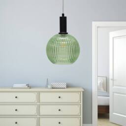 First Choice Lighting Betchley - Green Ribbed Glass Globe Black Deco Pendant Fitting - thumbnail 4