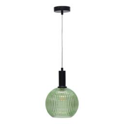 First Choice Lighting Betchley - Green Ribbed Glass Globe Black Deco Pendant Fitting