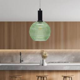 First Choice Lighting Betchley - Green Ribbed Glass Globe Black Deco Pendant Fitting - thumbnail 3