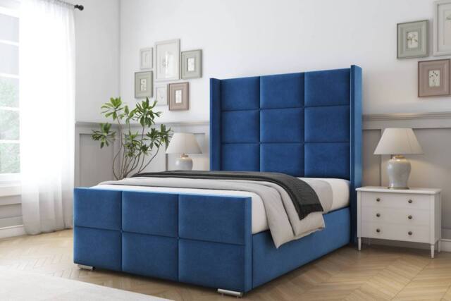 "Comfort Beds Charlie Plush Bed Frame - 50"" Upholstered Wingback Headboard in Blue - Size: Double" - image 1