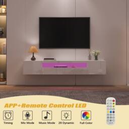 "KEEPREAPER Sleek Floating TV Stand with LED Light & Storage Cabinet 55-80"" TV Unit in White" - thumbnail 6