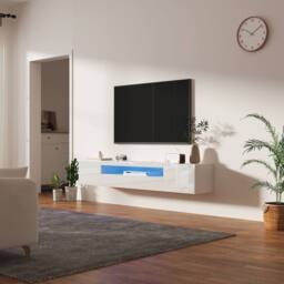 "KEEPREAPER Sleek Floating TV Stand with LED Light & Storage Cabinet 55-80"" TV Unit in White" - thumbnail 8