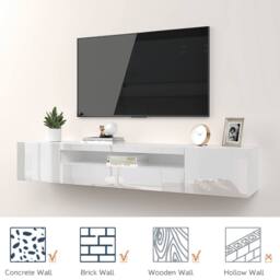"KEEPREAPER Sleek Floating TV Stand with LED Light & Storage Cabinet 55-80"" TV Unit in White" - thumbnail 7