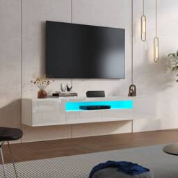 "KEEPREAPER Sleek Floating TV Stand with LED Light & Storage Cabinet 55-80"" TV Unit in White" - thumbnail 1