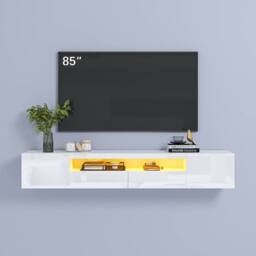 "KEEPREAPER Sleek Floating TV Stand with LED Light & Storage Cabinet 55-80"" TV Unit in White" - thumbnail 3