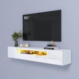 "KEEPREAPER Sleek Floating TV Stand with LED Light & Storage Cabinet 55-80"" TV Unit in White" - thumbnail 4