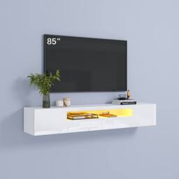"KEEPREAPER Sleek Floating TV Stand with LED Light & Storage Cabinet 55-80"" TV Unit in White" - thumbnail 2