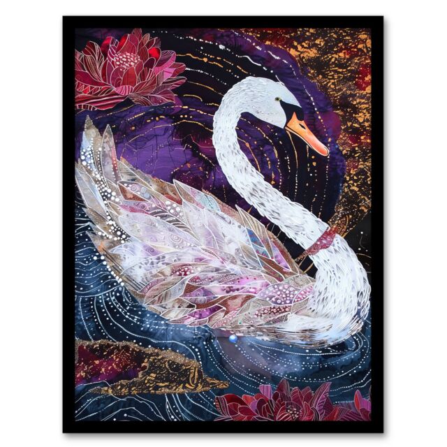 "Artery8 Magical Swan Artwork Enchanted Purple Pink Framed Art Print in Black - Size: W12"" x H16""" - image 1