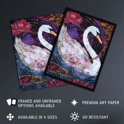 "Artery8 Magical Swan Artwork Enchanted Purple Pink Framed Art Print in Black - Size: W12"" x H16""" - thumbnail 2