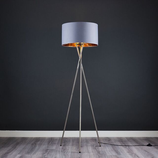 ValueLights Camden Brushed Chrome Tripod Floor Lamp with Grey & Gold Lamp Shade - image 1