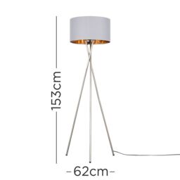 ValueLights Camden Brushed Chrome Tripod Floor Lamp with Grey & Gold Lamp Shade - thumbnail 7