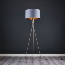 ValueLights Camden Brushed Chrome Tripod Floor Lamp with Grey & Gold Lamp Shade - thumbnail 3