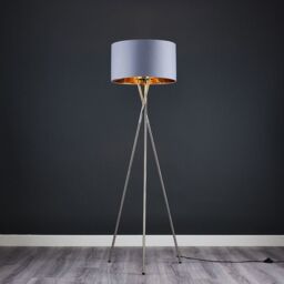 ValueLights Camden Brushed Chrome Tripod Floor Lamp with Grey & Gold Lamp Shade - thumbnail 1