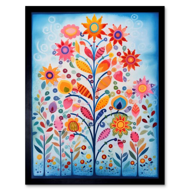 "Artery8 Wall Art Print Blooming Flowering Plant Pattern Folk Art Watercolour Painting Art Framed in Black - Size: W12"" x H16""" - image 1