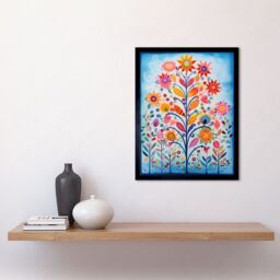 "Artery8 Wall Art Print Blooming Flowering Plant Pattern Folk Art Watercolour Painting Art Framed in Black - Size: W12"" x H16""" - thumbnail 2
