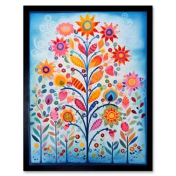"Artery8 Wall Art Print Blooming Flowering Plant Pattern Folk Art Watercolour Painting Art Framed in Black - Size: W12"" x H16""" - thumbnail 1