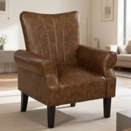 ERGOVEXA Upholstered Accent Chair with Rolled Arms & Wood Legs, Brown