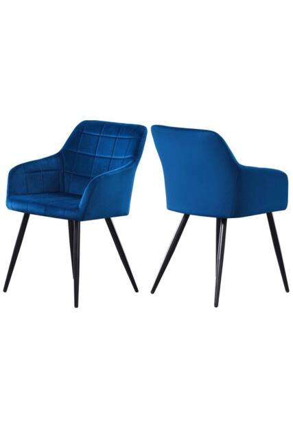 Life Interiors Set of 2 Camden Modern Velvet Dining Chairs with Armrests, Quilted Design & Black Metal Legs in Royal - image 1