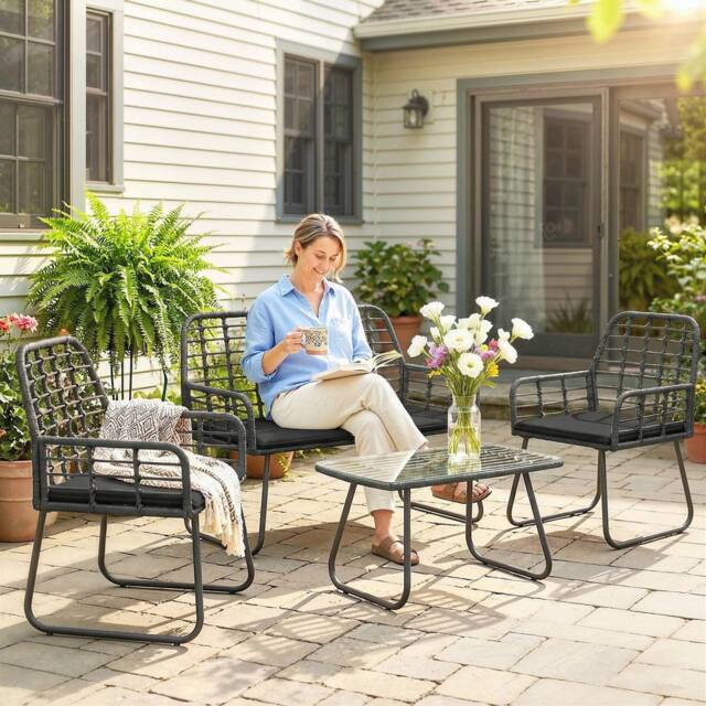 OUTSUNNY Rattan Garden Furniture Set, 4 Piece Outdoor Patio Furniture in Black - image 1