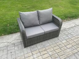 Fimous Rattan Lounge Sofa Set Outdoor Garden Furniture Set with Rectangular Coffee Table Big Footstool Love Sofa Side Table in Dark Grey - thumbnail 4