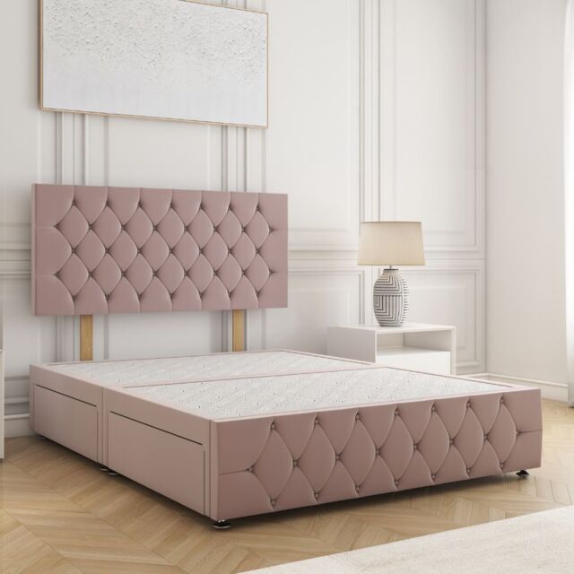 "BSSPOKE Mulberry Divan Bed Velvet 24""Headboard 2Drawers Same Side No Mattress in Pink - Size: King" - image 1