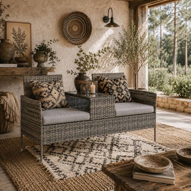 Wyld Haus Cofi Dark Grey 2 Seater Rattan Chair with Integrated Centre Table in Charcoal - image 1