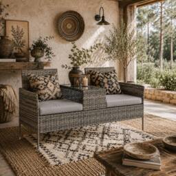 Wyld Haus Cofi Dark Grey 2 Seater Rattan Chair with Integrated Centre Table in Charcoal - thumbnail 1