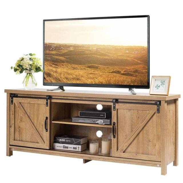 Costway Modern TV Stand for 60-Inch TV Wooden Media Storage Cabinet Organizer in Natural - image 1