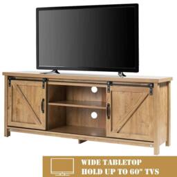 Costway Modern TV Stand for 60-Inch TV Wooden Media Storage Cabinet Organizer in Natural - thumbnail 3