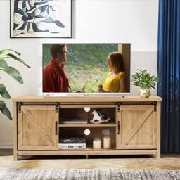 Costway Modern TV Stand for 60-Inch TV Wooden Media Storage Cabinet Organizer in Natural - thumbnail 8