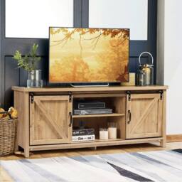 Costway Modern TV Stand for 60-Inch TV Wooden Media Storage Cabinet Organizer in Natural - thumbnail 6
