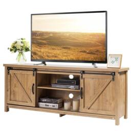 Costway Modern TV Stand for 60-Inch TV Wooden Media Storage Cabinet Organizer in Natural - thumbnail 1
