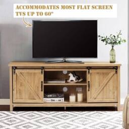 Costway Modern TV Stand for 60-Inch TV Wooden Media Storage Cabinet Organizer in Natural - thumbnail 9