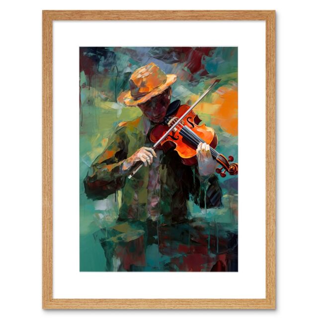 "Artery8 Wall Art Print Violinist with a Hat Playing Music on his Violin Artwork Framed 9X7 Inch in Beige - Size: W7"" x H9""" - image 1