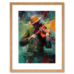 "Artery8 Wall Art Print Violinist with a Hat Playing Music on his Violin Artwork Framed 9X7 Inch in Beige - Size: W7"" x H9""" - thumbnail 1