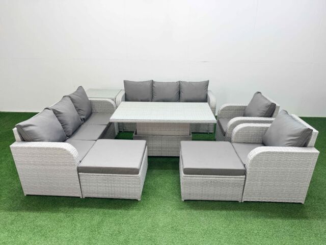 Fimous PE Rattan High Back Lounge Sofa Set Patio Adjustable Lifting Dining or Coffee Table & Chairs Set w/ 3 Seater Sofa Reclining Chair 2 Big - image 1