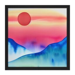 "Artery8 Wall Art Print Landscape Red Sun Sunset Modern Watercolour Square Framed Picture 16X16 Inch in Black - Size: W16"" x H16""" - thumbnail 1