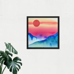 "Artery8 Wall Art Print Landscape Red Sun Sunset Modern Watercolour Square Framed Picture 16X16 Inch in Black - Size: W16"" x H16""" - thumbnail 2
