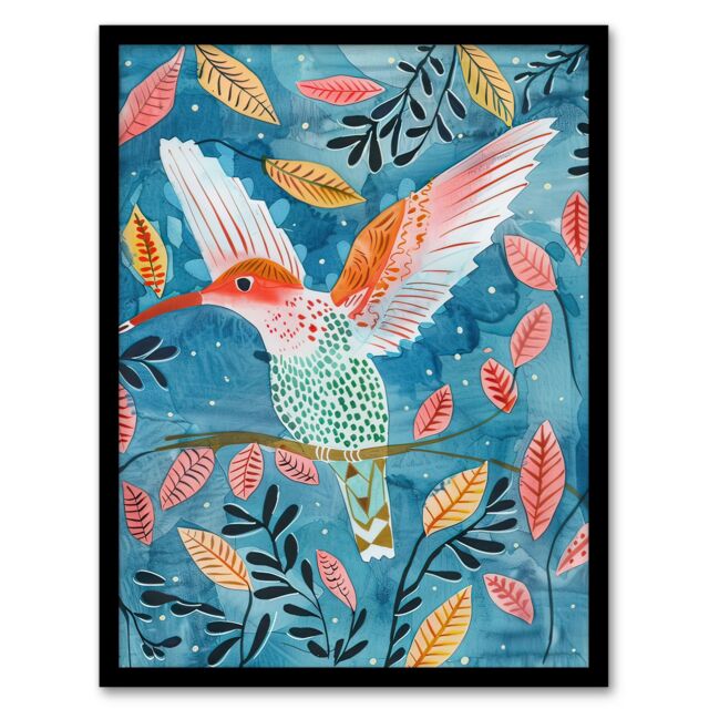Artery8 Hummingbird Folk Art Pink Blue Orange Watercolour Framed Wall Art - Size: A4 - image 1