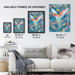 Artery8 Hummingbird Folk Art Pink Blue Orange Watercolour Framed Wall Art - Size: A4 - thumbnail 3