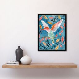 Artery8 Hummingbird Folk Art Pink Blue Orange Watercolour Framed Wall Art - Size: A4 - thumbnail 4