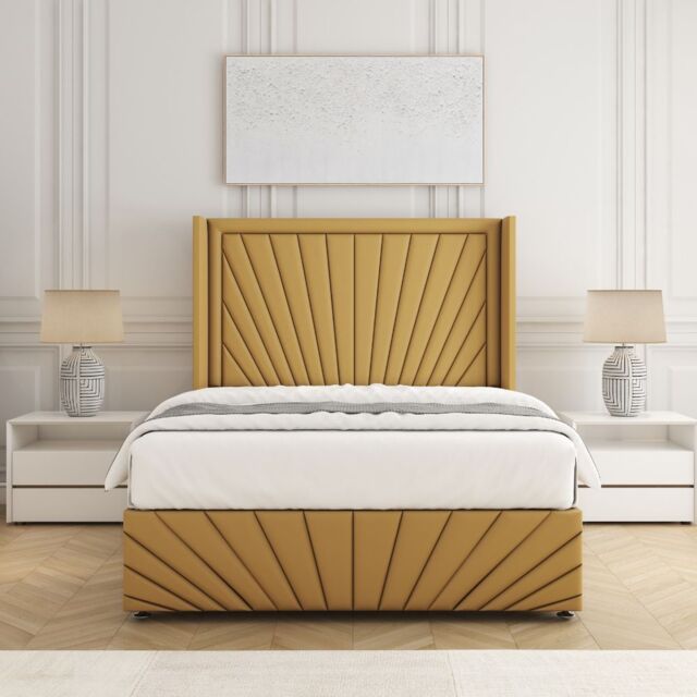 "BSSPOKE Nola Plush Velvet Divan Bed Set 54"" Headboard & Mattress No Drawers in Mustard - Size: Small Double" - image 1