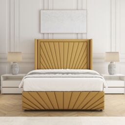 "BSSPOKE Nola Plush Velvet Divan Bed Set 54"" Headboard & Mattress No Drawers in Mustard - Size: Small Double" - thumbnail 1