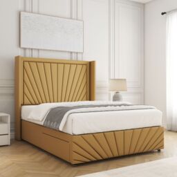 "BSSPOKE Nola Plush Velvet Divan Bed Set 54"" Headboard & Mattress No Drawers in Mustard - Size: Small Double" - thumbnail 2
